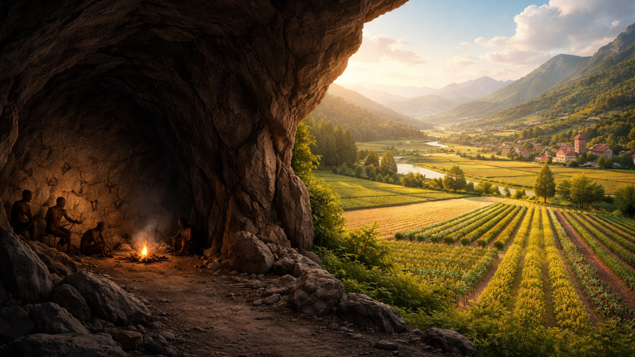 Ilustración de una caverna con personas junto al fuego y campos cultivados al sol